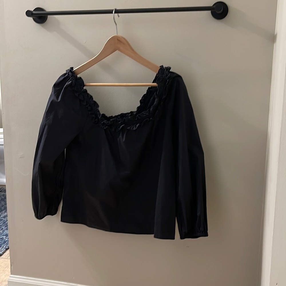 J Crew Black Ruffle Square Neck Blouse